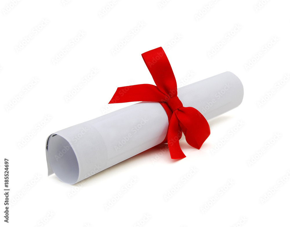 Document. Rolled and unrolled diploma paper scroll with stamp. Certificate  degree of university, college or school graduates alumni success and course  completion. Graduation test blank with red ribbon Stock Vector