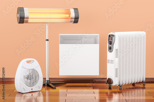 Heating devices. Convection, fan, oil-filled and infrared heaters, 3D rendering