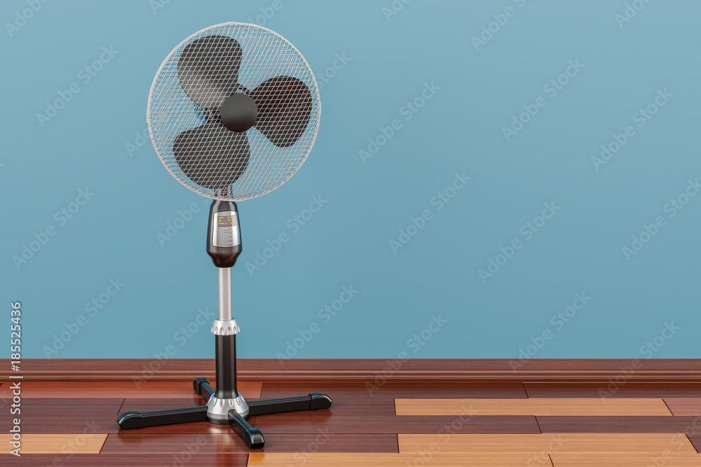 Standing pedestal electric fan in room on the wooden floor, 3D rendering - obrazy, fototapety, plakaty 