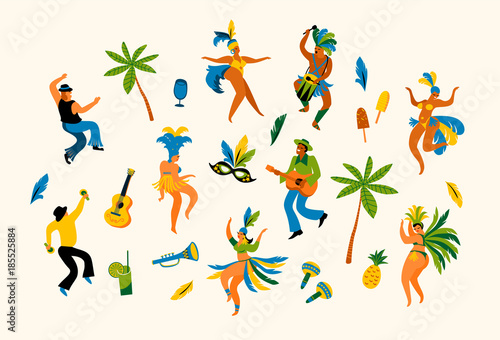 Brazil carnival. Vector illustration of funny dancing men and women in bright costumes