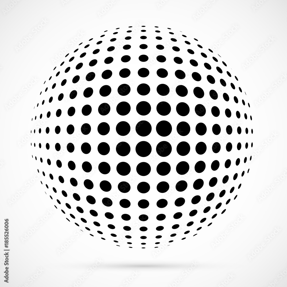 White 3D vector halftone sphere.Dotted spherical background.Logo template with shadow.Circle dots isolated on the white background.