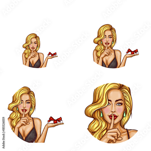 Set of vector female round avatars for users of social networks, blogs, profile icons. Pop art sexy blonde girl holds gift in one hand and puts her finger on lips and asking shh, dont tell anyone