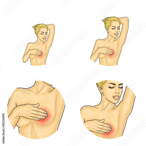 Set of vector pop art round avatar icons for users of social networking, blogs, profile icons. Young blonde naked girl covering breasts with her hand with painful expression, breast cancer concept.