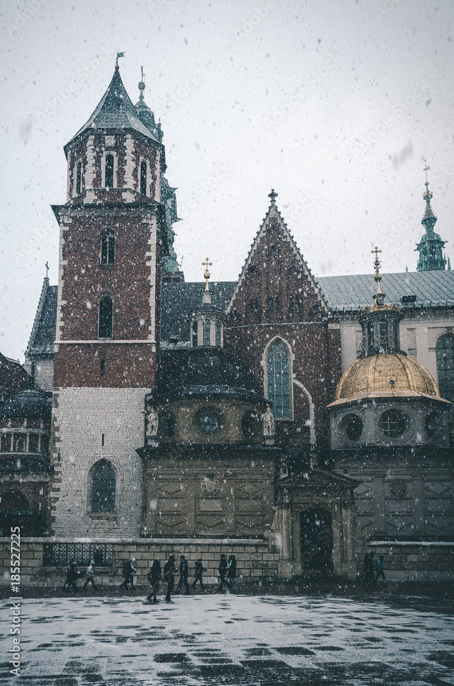 Krakow Wawel Cathedral in the snow.