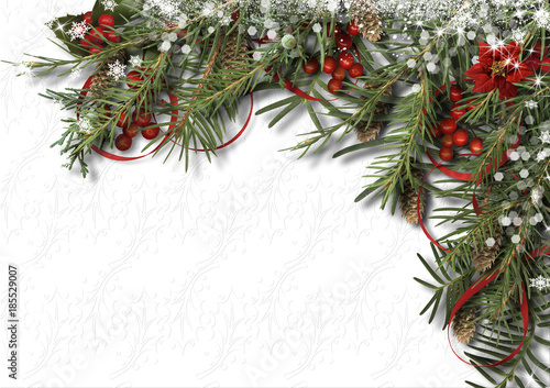 Christmas white background with holly, poinsettia, cone and firtree