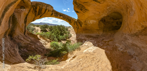 Uranium Arch in Moab, Utah. Panorama of both inside and outside the caverns area