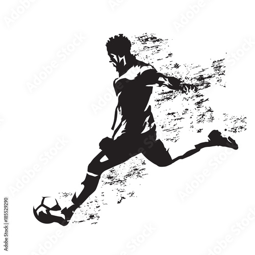 Soccer player kicking ball, abstract grungy vector silhouette