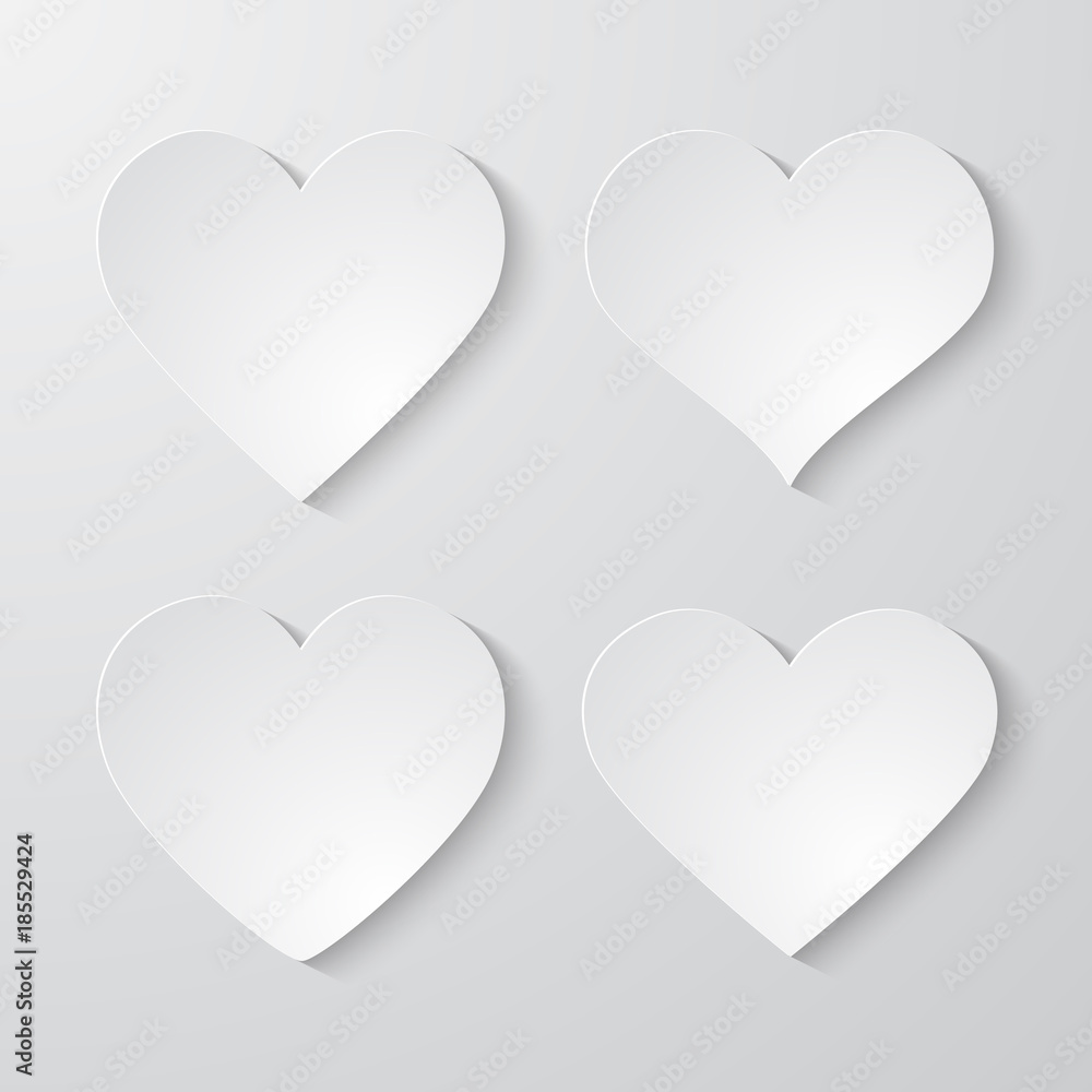 Set of 4 white paper cut out hearts different shapes on white background. Vector illustration Set of 4 white paper cut out hearts different shapes on white background. Vector illustration