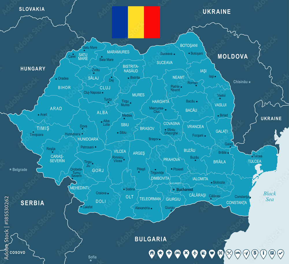 Obraz premium Romania - map and flag - Detailed Vector Illustration