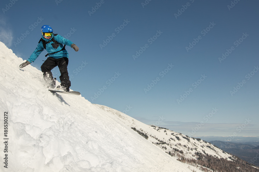 snowboard man have fun and jumping in snow. Winter sport holiday mountains sky resort