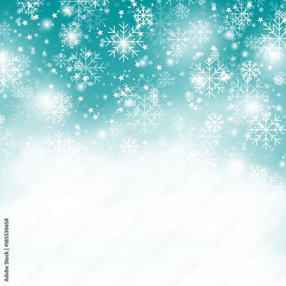 Turquoise snowflake background,christmas snowfall vector illustration. Winter pattern with snowflakes on blue. New Year snowfall wallpaper gradient vector image
