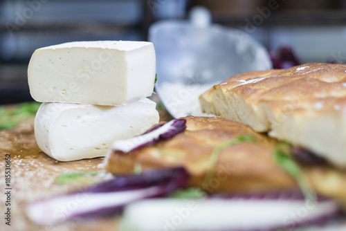 cheese and focaccia pizza bread in the bakery photo