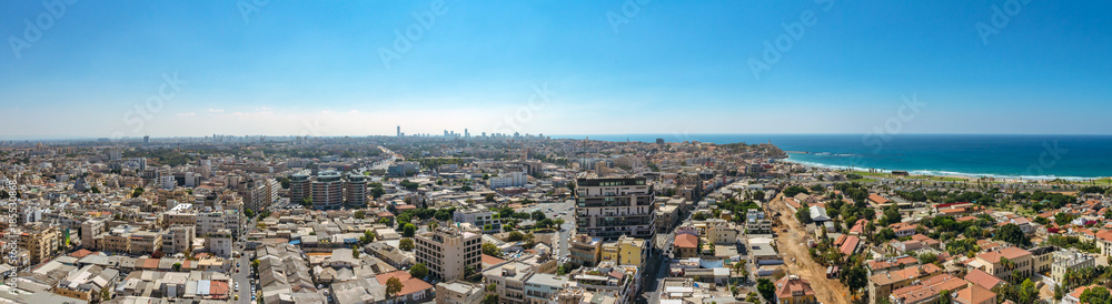 Panorama aerial view of south Tel Aviv neighborhoods and Old Jaffa