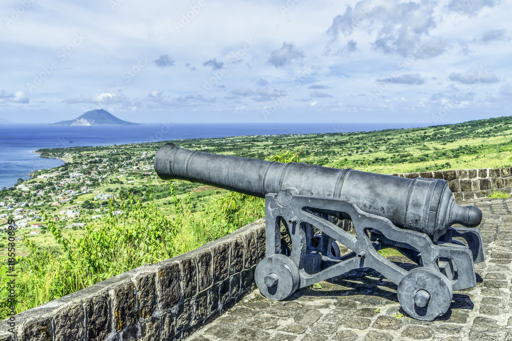 Antique cannon at historic Brimstone Hill Fortress, St Kitts, Eastern Caribbean