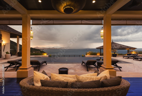 Luxury villa living room interior. Sea view