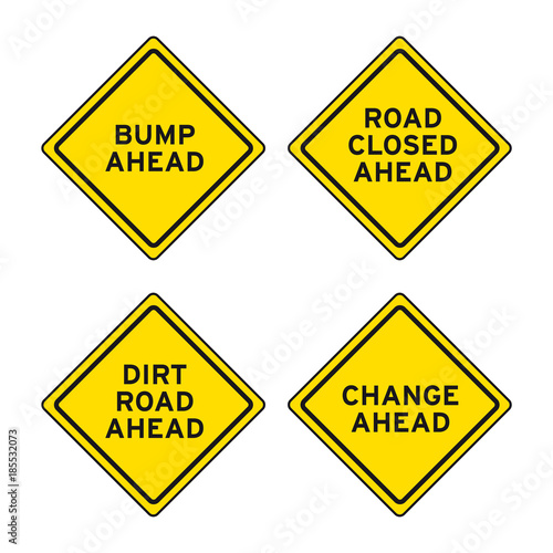 Traffic road caution signs set