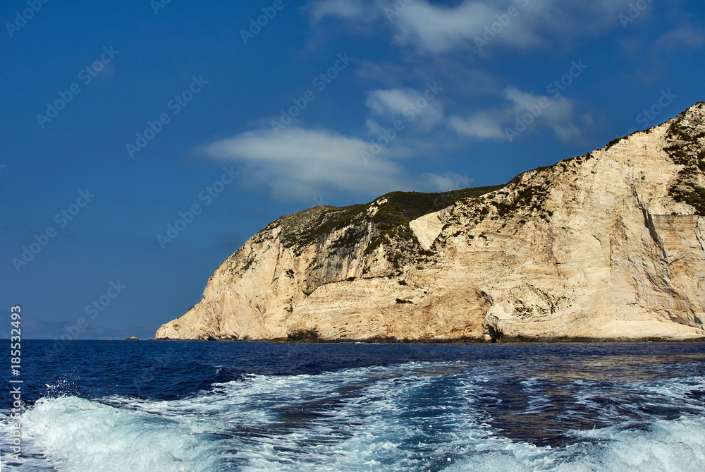 Coast with a rocky cliff on the island of Zakynthos.