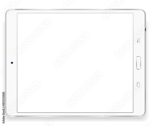 Tablet computer front view isolated in a white background and white button. To present your application photo