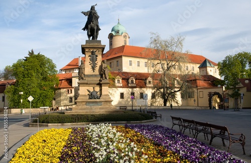 Castle Podebrady  with the statue of King George from the Poděbrad, Central Bohemia, Czech republic