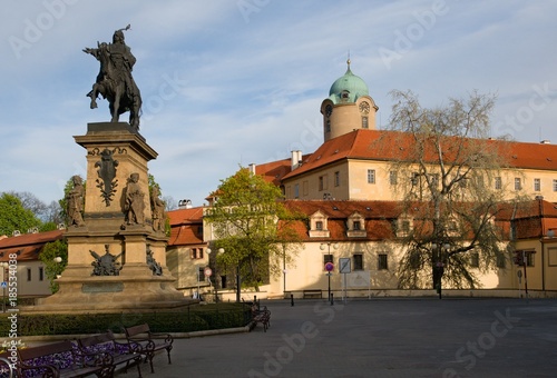 Castle Podebrady  with the statue of King George from the Poděbrad, Central Bohemia, Czech republic