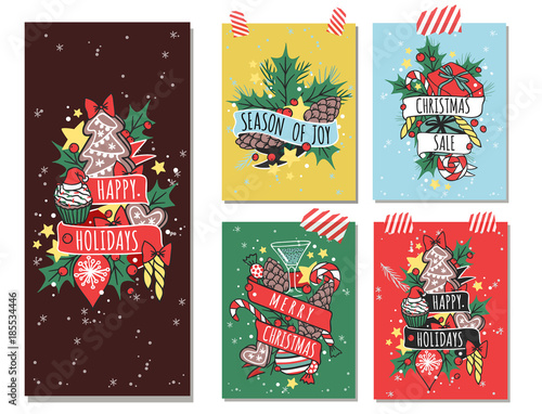 Christmas greeting card vector background banner holidays winter xmas hand draw congratulation New Year brochure illustration.