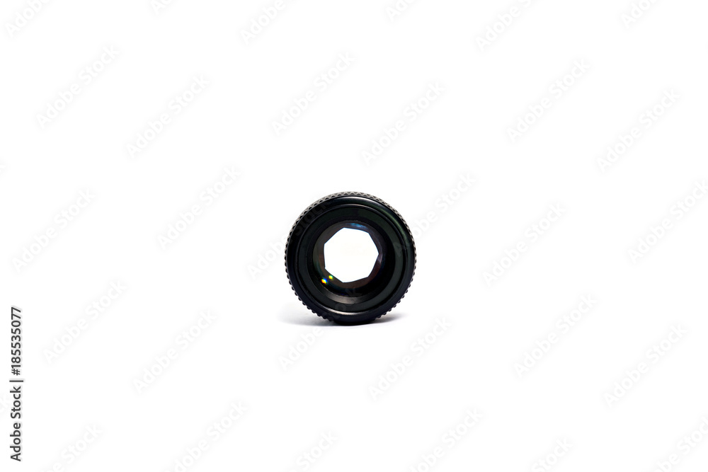 Front view of photo camera lens with shutter on white background. Front view of photo camera lens with shutter on white background.
