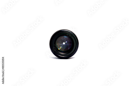 Front view of photo camera lens with shutter on white background.