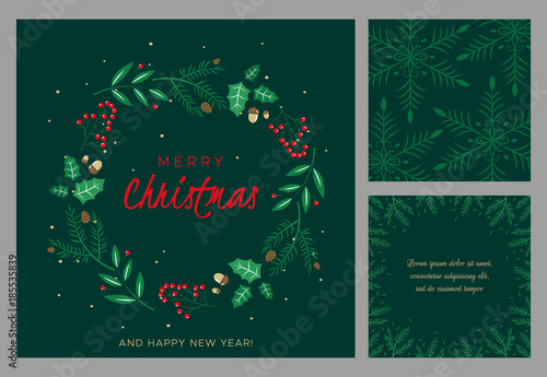 Merry Christmas and Happy New Year greeting card. Wreath with berries, leaves, pine branches and fir cones. Round frame for winter design on black background. Vector illustration in modern style