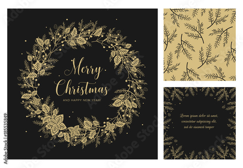 Merry Christmas and Happy New Year greeting card. Wreath with gold berries, leaves, pine branches and fir cones. Round frame for winter design on black background. Vector illustration in modern style