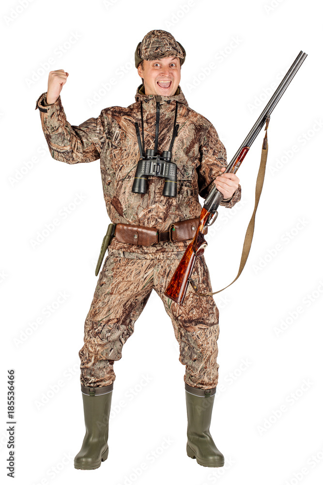 male hunter with double barreled shotgun Isolated on white background. hunting and people concept. male hunter with double barreled shotgun Isolated on white background. hunting and people concept.