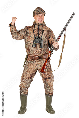 male hunter with double barreled shotgun Isolated on white background. hunting and people concept.