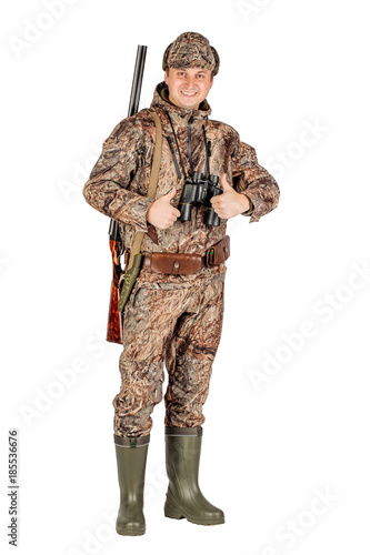 male hunter with double barreled shotgun Isolated on white background. hunting and people concept.