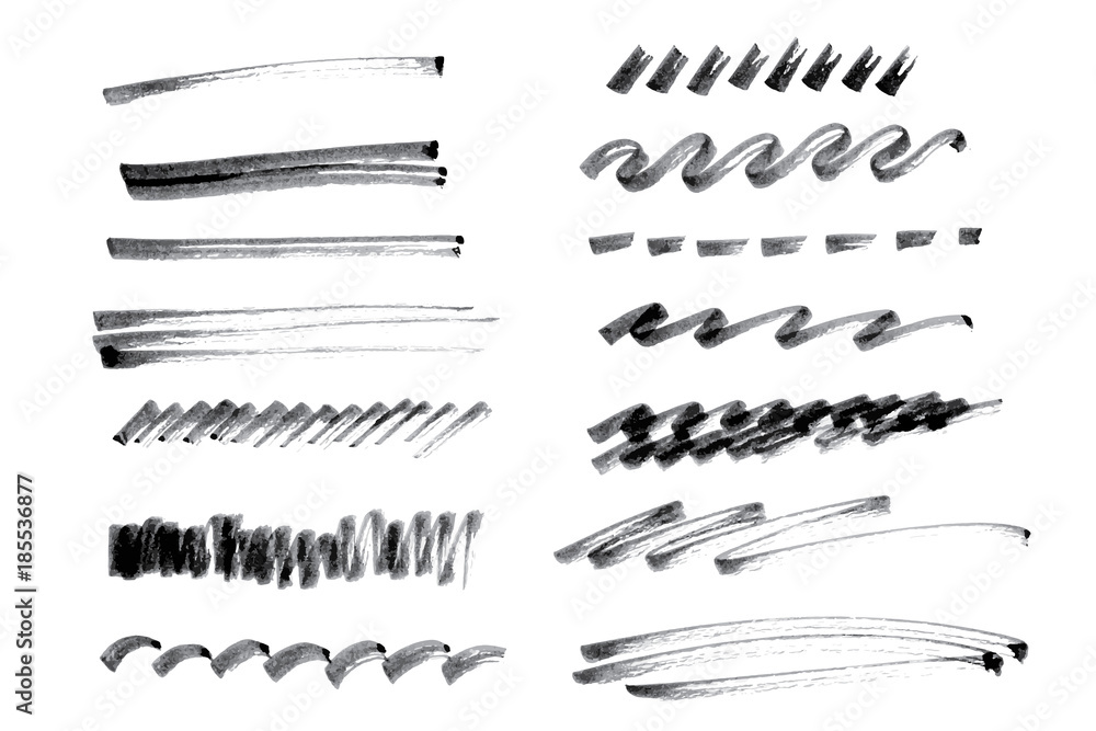 Vector set of ink pen brush strokes. Grayscale design elements. Different kinds of lines drawn by hand. Brushed elements.