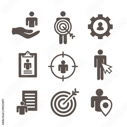 Target market icons of buyer image and persona  - gear, arrow, nurturing leads
