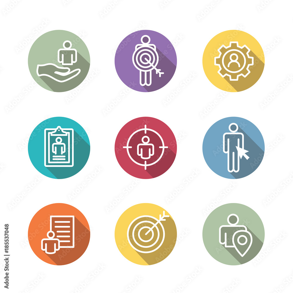 Target market icons of buyer image and persona - gear, arrow, nurturing leads Target market icons of buyer image and persona - gear, arrow, nurturing leads