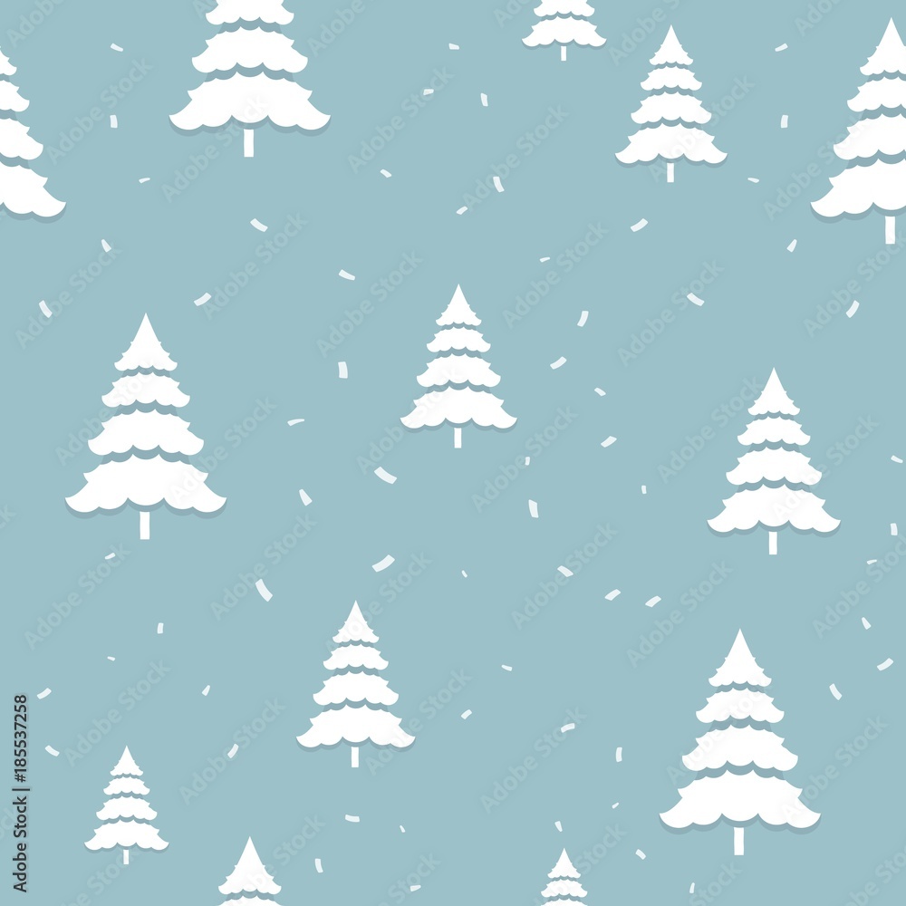 Merry christmas seamless pattern, white pine with fall leaves on blue background, vector illustration