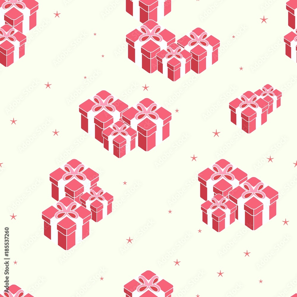 New year holidays seamless pattern, set of boxes gifts with red bow ribbon on white background, vector illustration