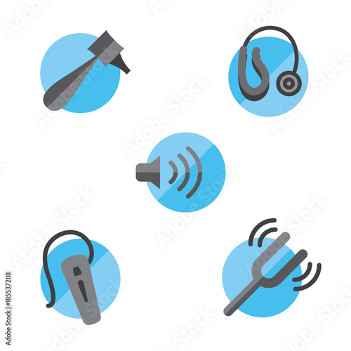 Hearing loss solid icon set with Otoscope, tuning fork and hearing aids