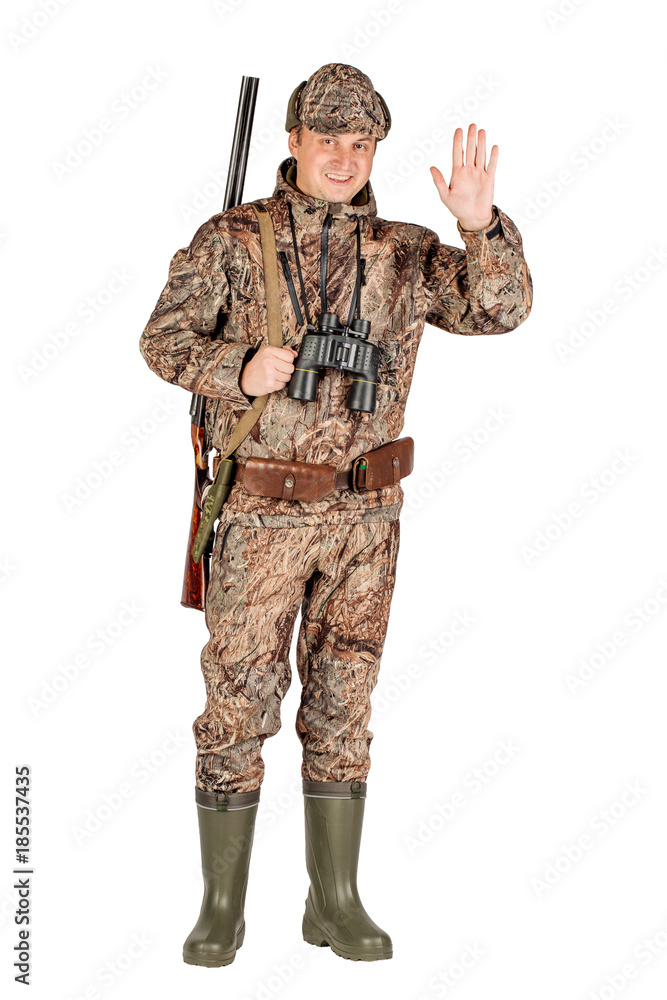 male hunter with double barreled shotgun Isolated on white background. hunting and people concept. male hunter with double barreled shotgun Isolated on white background. hunting and people concept.