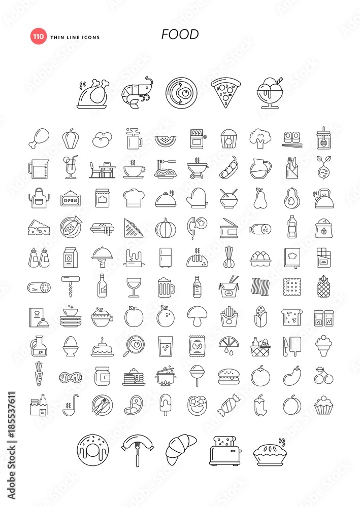 110 thin line icons. Food, drink, restaurant, cooking and more.