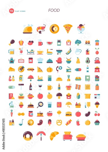 110 flat design icons. Food, drink, cooking, restaurant and more.