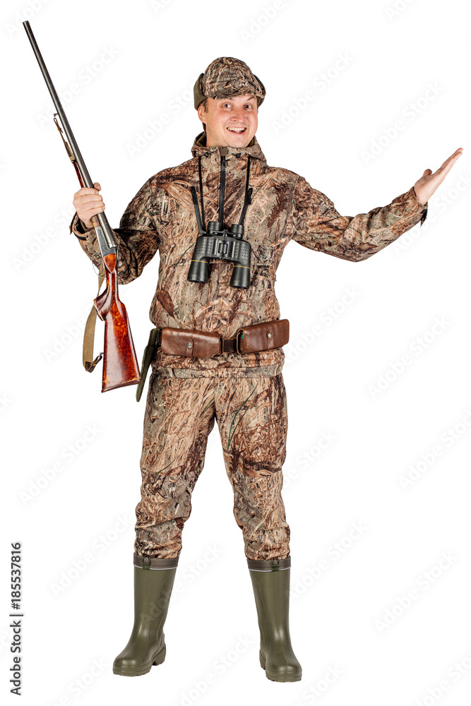 male hunter with double barreled shotgun Isolated on white background. hunting and people concept. male hunter with double barreled shotgun Isolated on white background. hunting and people concept.