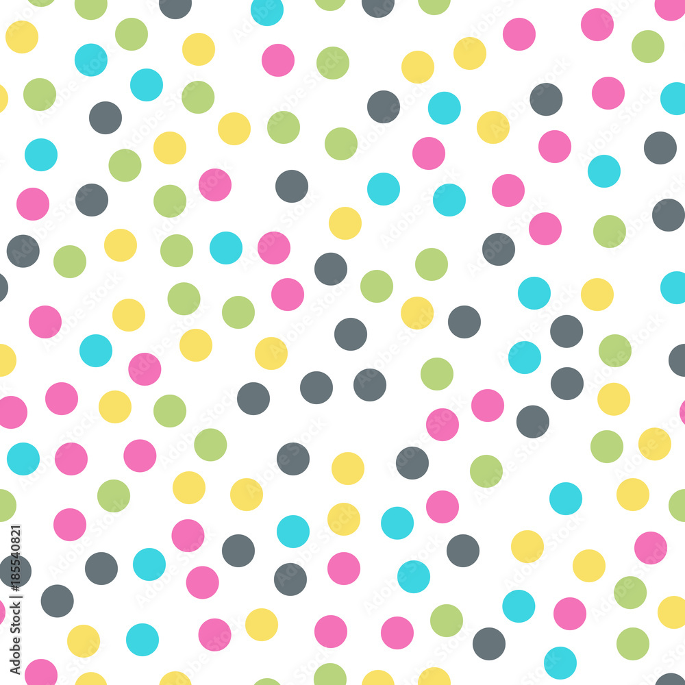 Colorful polka dots seamless pattern on white 10 background. Unique classic colorful polka dots textile pattern. Seamless scattered confetti fall chaotic decor. Abstract vector illustration. Colorful polka dots seamless pattern on white 10 background. Unique classic colorful polka dots textile pattern. Seamless scattered confetti fall chaotic decor. Abstract vector illustration.