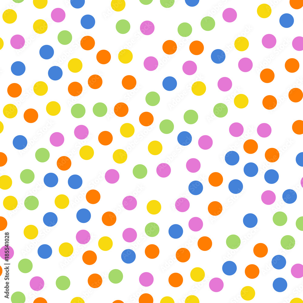 Colorful polka dots seamless pattern on white 2 background. Comely classic colorful polka dots textile pattern. Seamless scattered confetti fall chaotic decor. Abstract vector illustration.