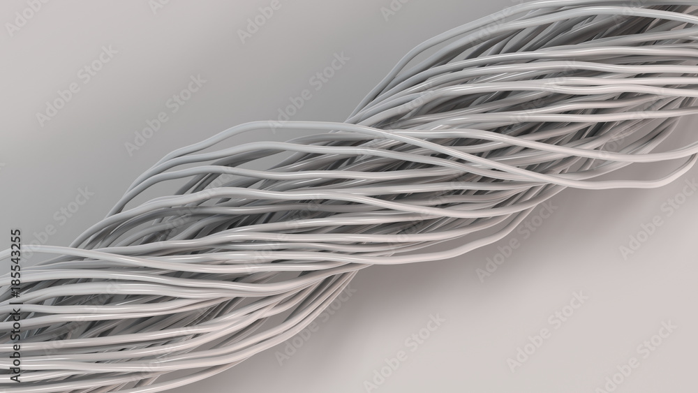Twisted white cables and wires on white surface