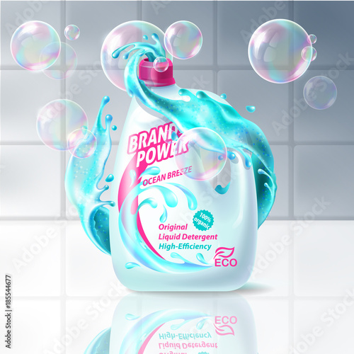 Realistic vector banner with organic liquid detergent in light blue plastic bottle with brand label, with splashed cleanser and soap bubbles against white tile. Mockup efficient laundry detergent ad