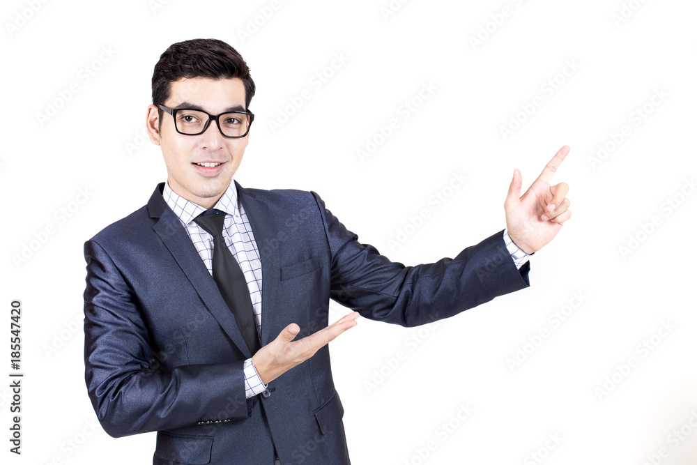 Asian Businessman standing on White Background with Success feeling, Business Success Concept, isolated on white background.