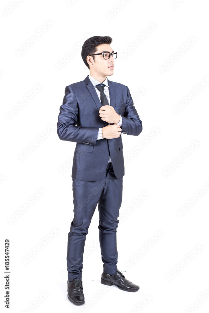 Asian Businessman standing on White Background with Success feeling, Business Success Concept, isolated on white background.