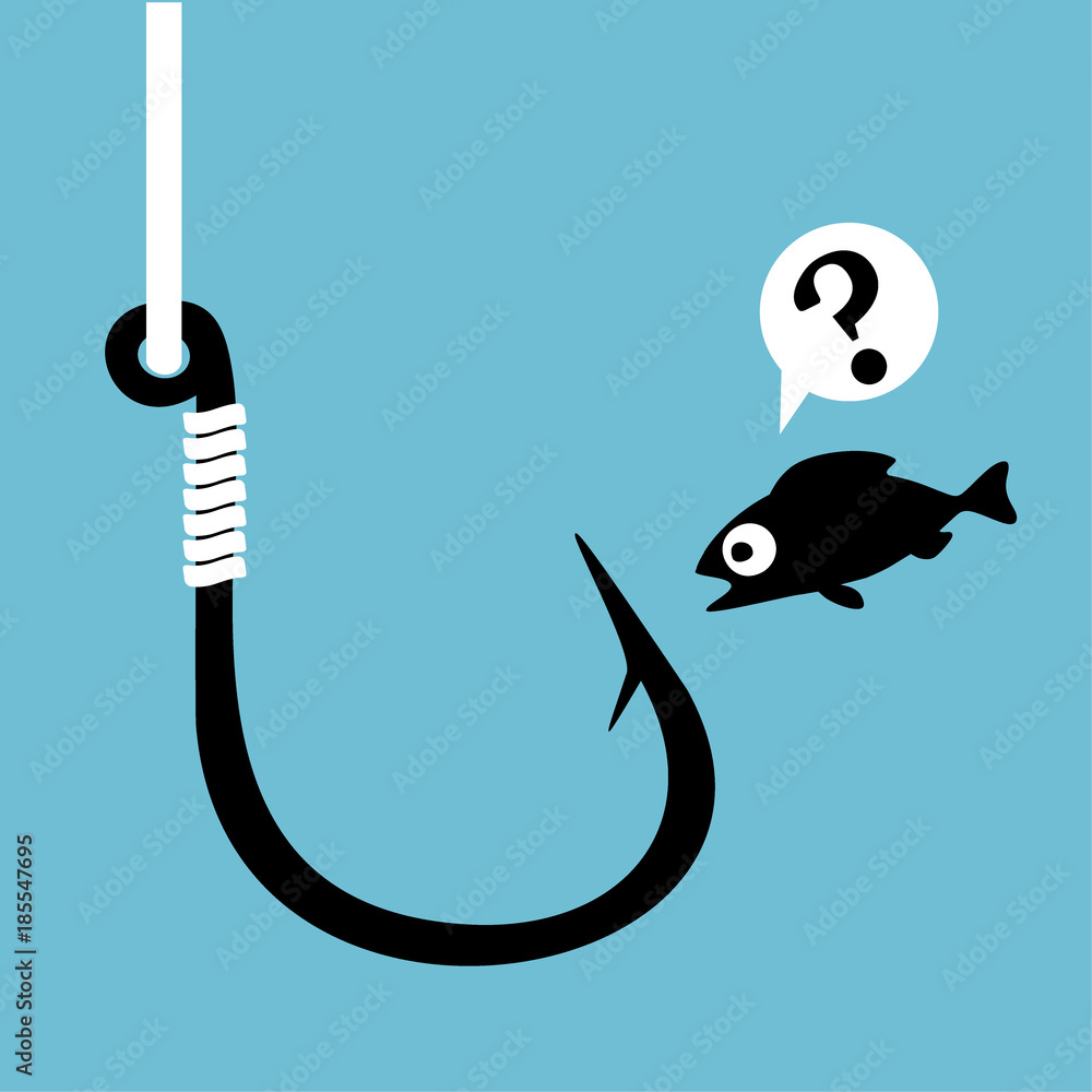 Black fish hook with fishing line isolated on blue. Funny frightened  cartoon fish looking at hook. Concept of confusion. Close danger. Vector  Illustration. Stock Vector