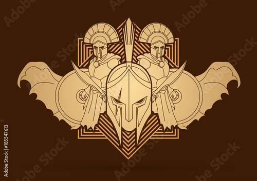 Roman or Greek Helmet , Spartan Helmet, and Angry Warrior composition designed on line square background graphic vector